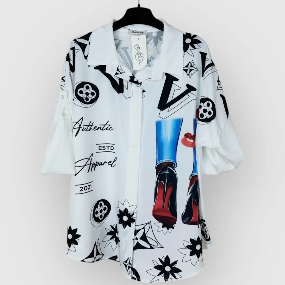 ShopEvelynne White Black Graphic Button-Up Top with Blue and Red Accents